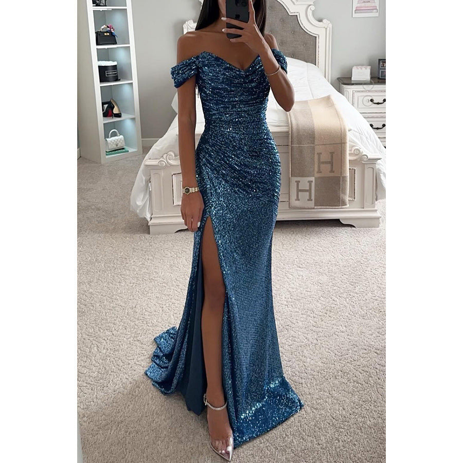 Off-Shoulder Sequin Party Dress – Elegant Split Swing Skirt Evening Gown