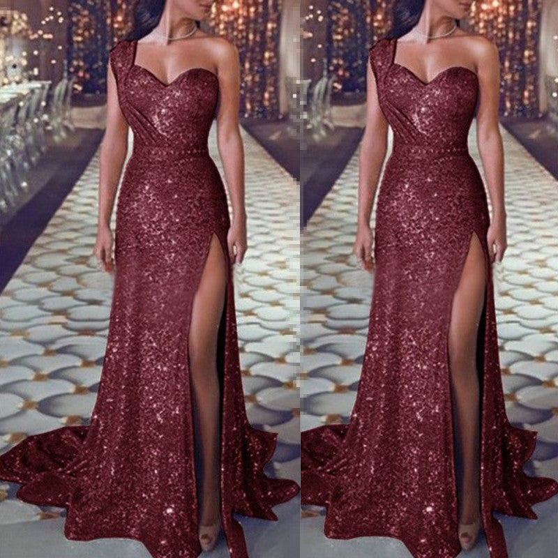 Women’s One-Shoulder Sleeveless Bronzing Split A-Line Long Dress – Urban Chic Temperament Style