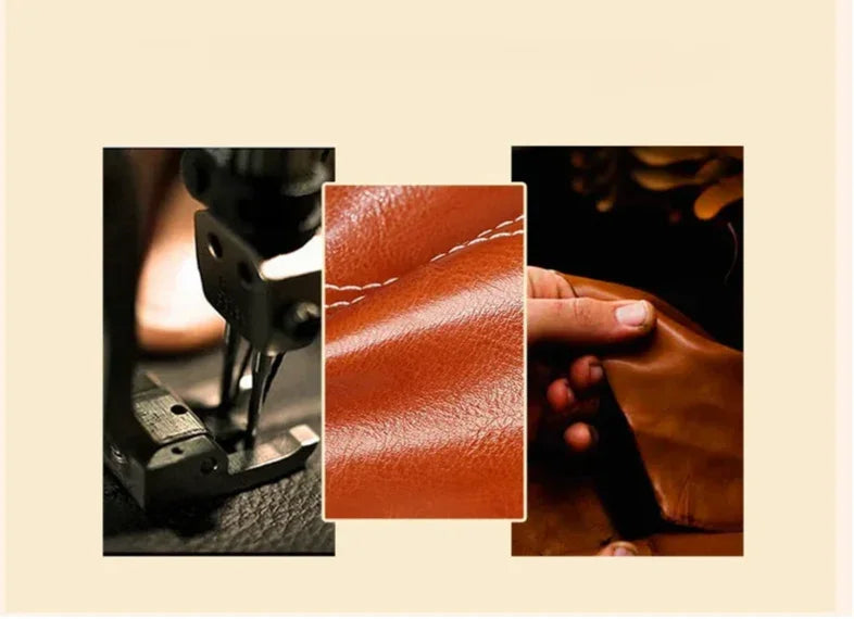 Collage of leatherworking images including a sewing machine, leather texture, and a hand holding leather.