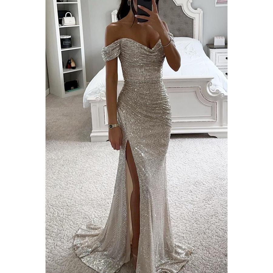 Off-Shoulder Sequin Party Dress – Elegant Split Swing Skirt Evening Gown