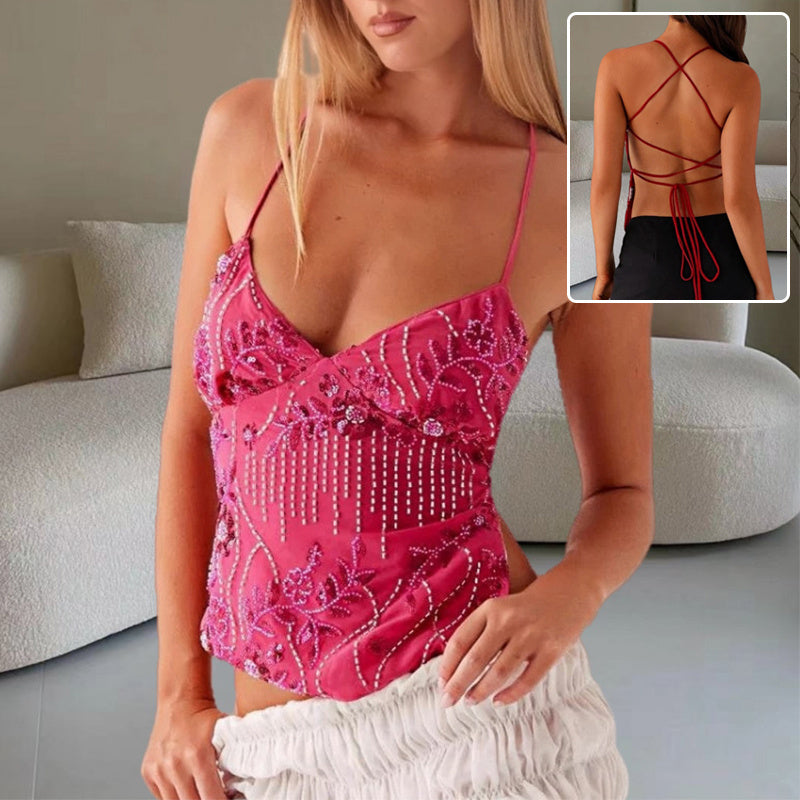 Bandeau Sling Top – V-Neck Flower Beaded Backless Vest for Women