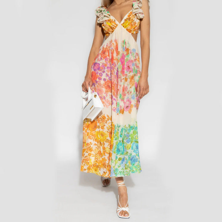 Floral V-Neck Backless Maxi Dress – Romantic Summer Beach Holiday Dress