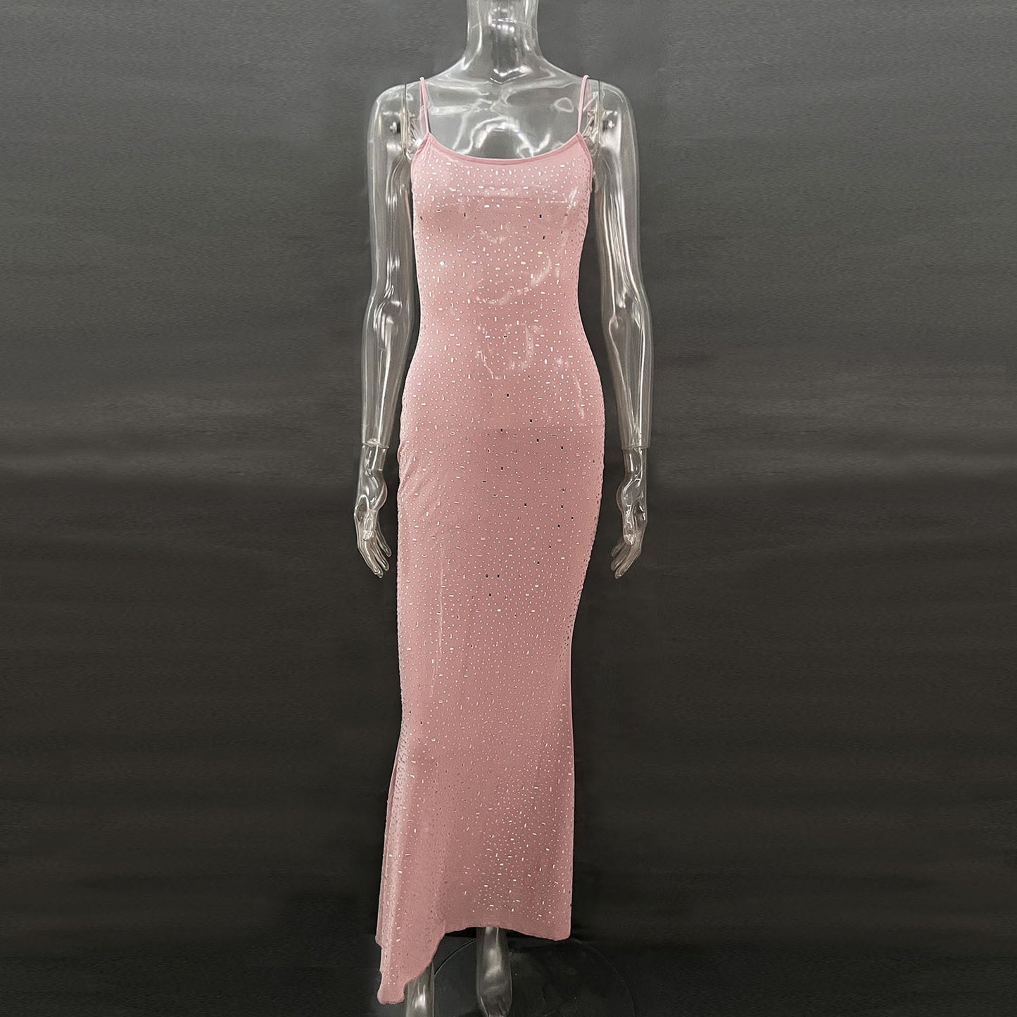 Sheer Mesh Layering Mermaid Dress – Shiny Nude Sequin Suspender Gown | GrabliWorld