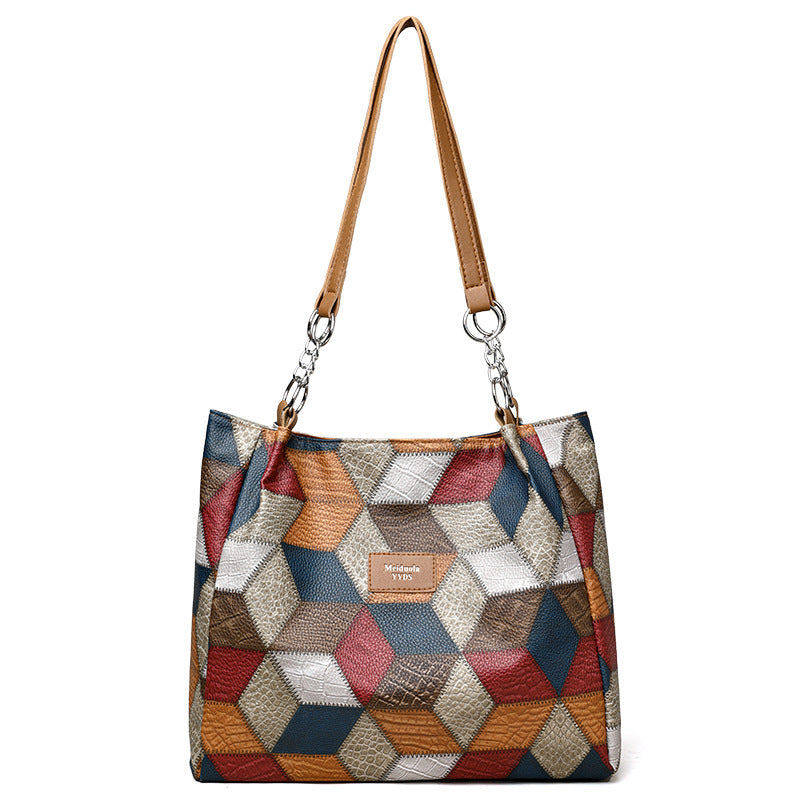 Retro Geometric Pattern-Matching Shoulder Bag— Large Capacity Stitching Handbag Tote