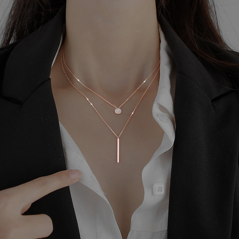 Square Stripe Diamond Round Double Necklace