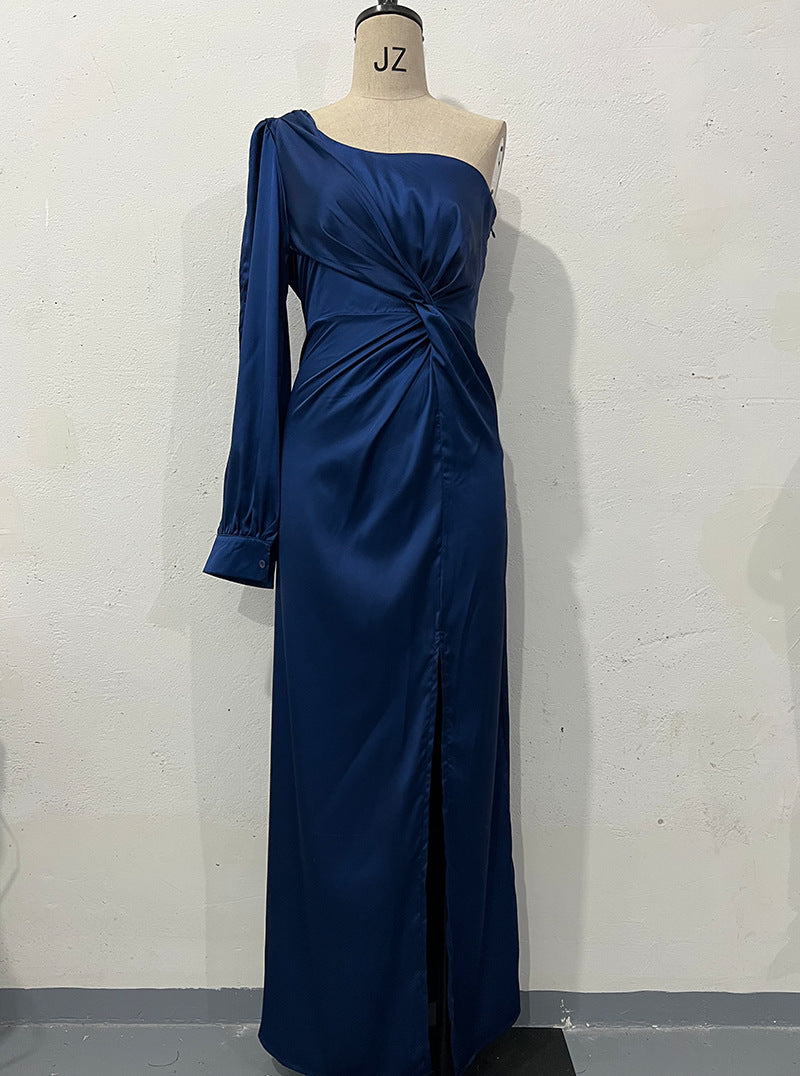 Women's One-Shoulder Long Sleeve Split Dress – Elegant Slim Fit Evening Gown