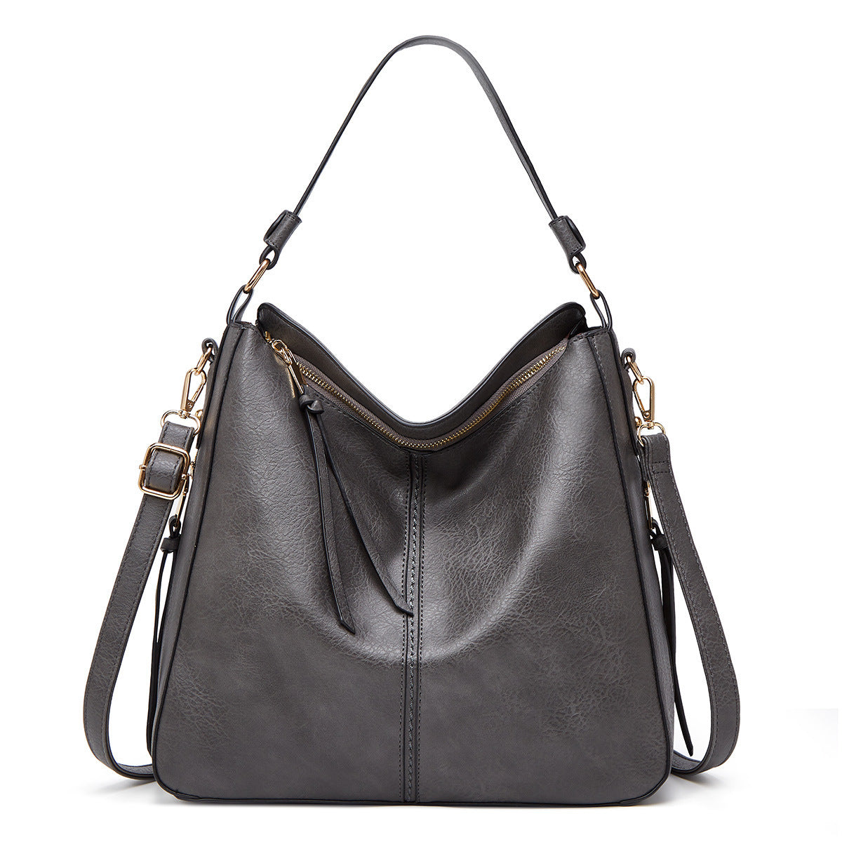 Women's Hobos Zipper Bucket Bag – Adjustable Shoulder Strap, High-Capacity PU Handbag