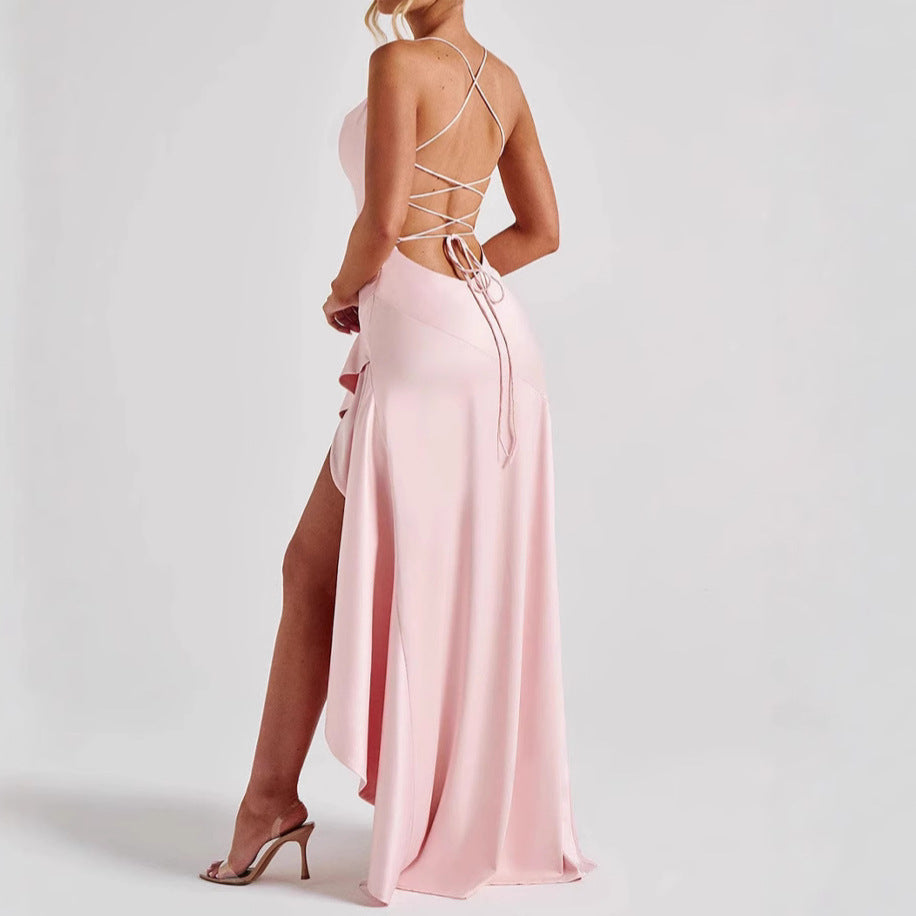 Women's Backless Ruffles Irregular Split Suspender Maxi Dress