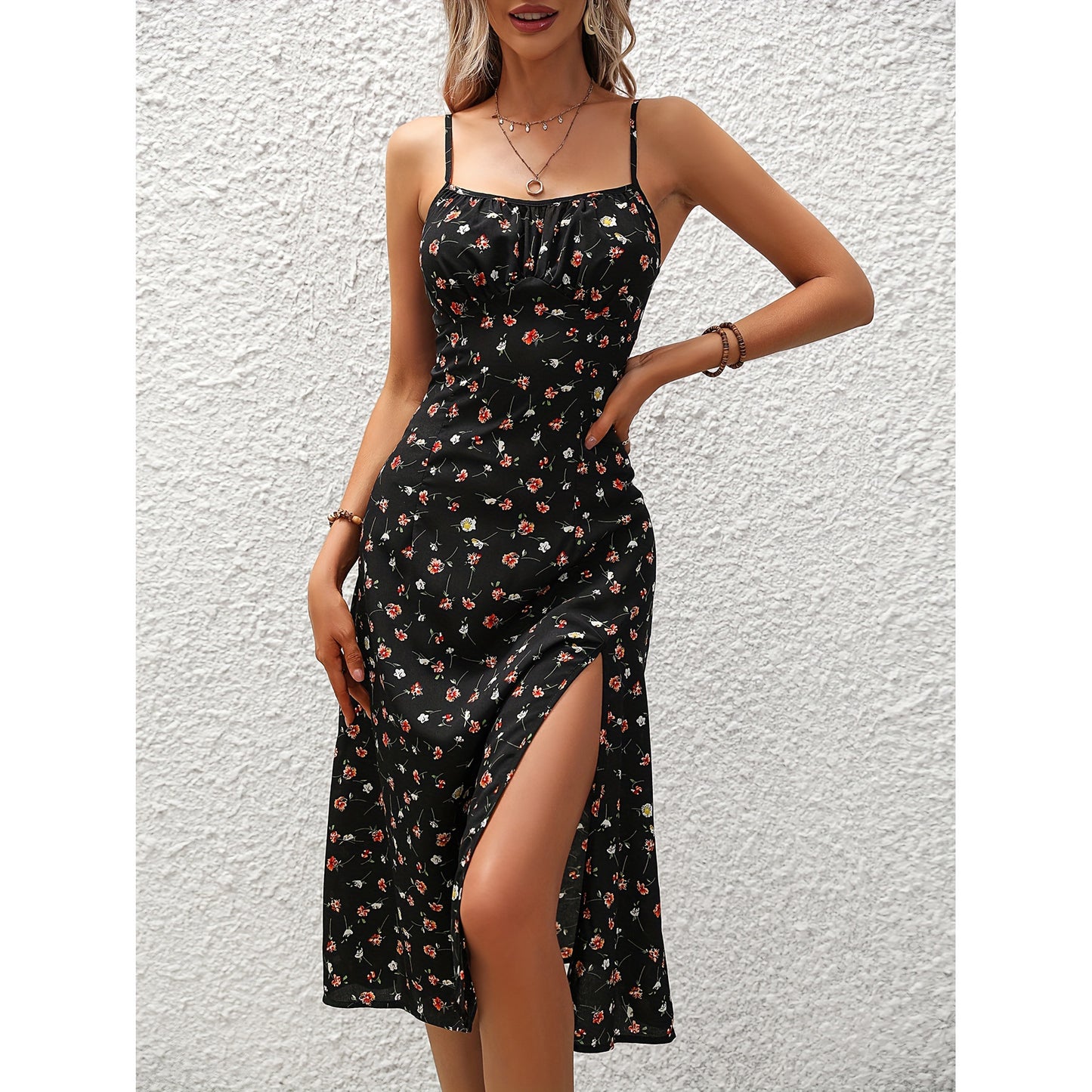 Polka Dot Print Suspender Dress Summer Sexy Split Long Dress