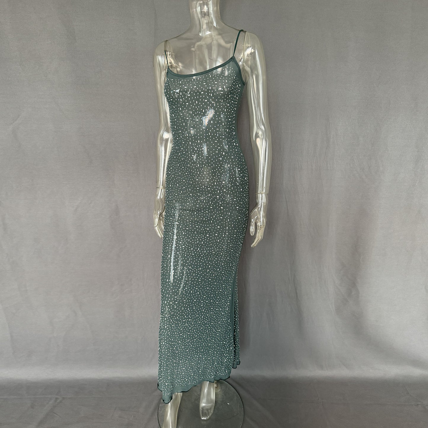 Sheer Mesh Layering Mermaid Dress – Shiny Nude Sequin Suspender Gown | GrabliWorld