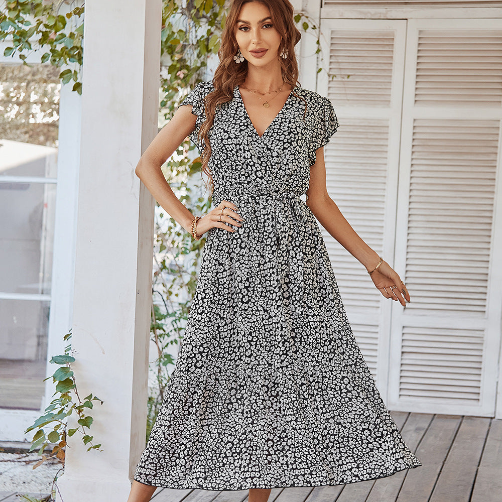 Women’s Summer Ruffle Cap Sleeve V-Neck Belt Wrap Split Floral Long Dress