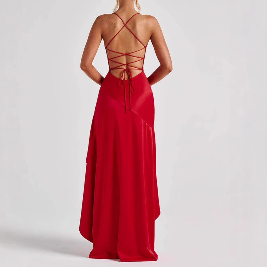 Women's Backless Ruffles Irregular Split Suspender Maxi Dress