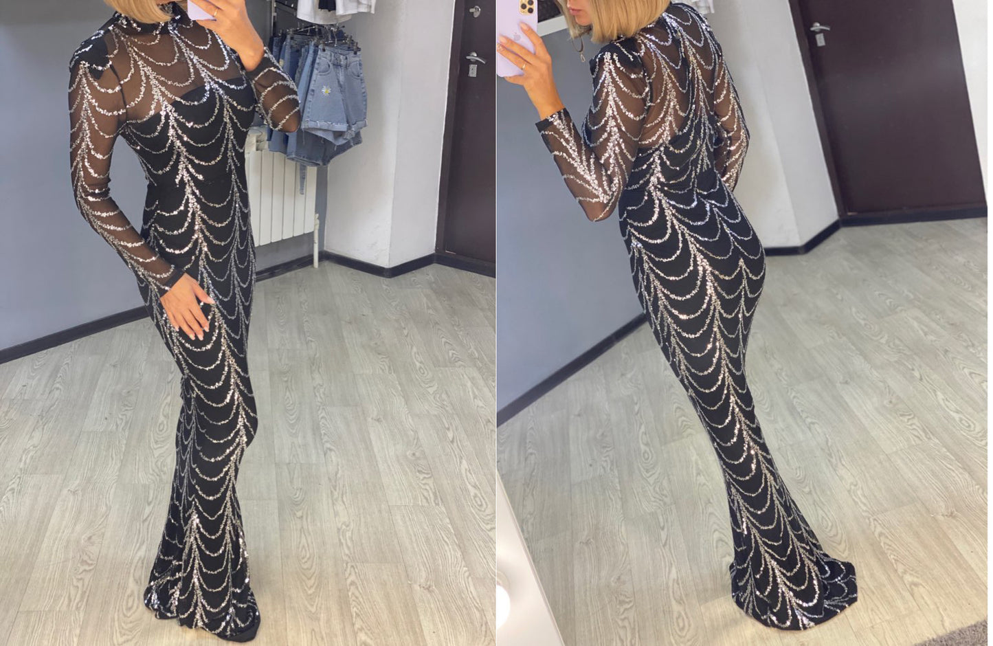 Elegant Sequin Maxi Dress – Long Sleeve Sheer Evening Gown for Women