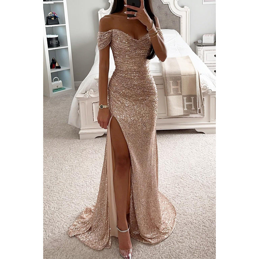 Off-Shoulder Sequin Party Dress – Elegant Split Swing Skirt Evening Gown