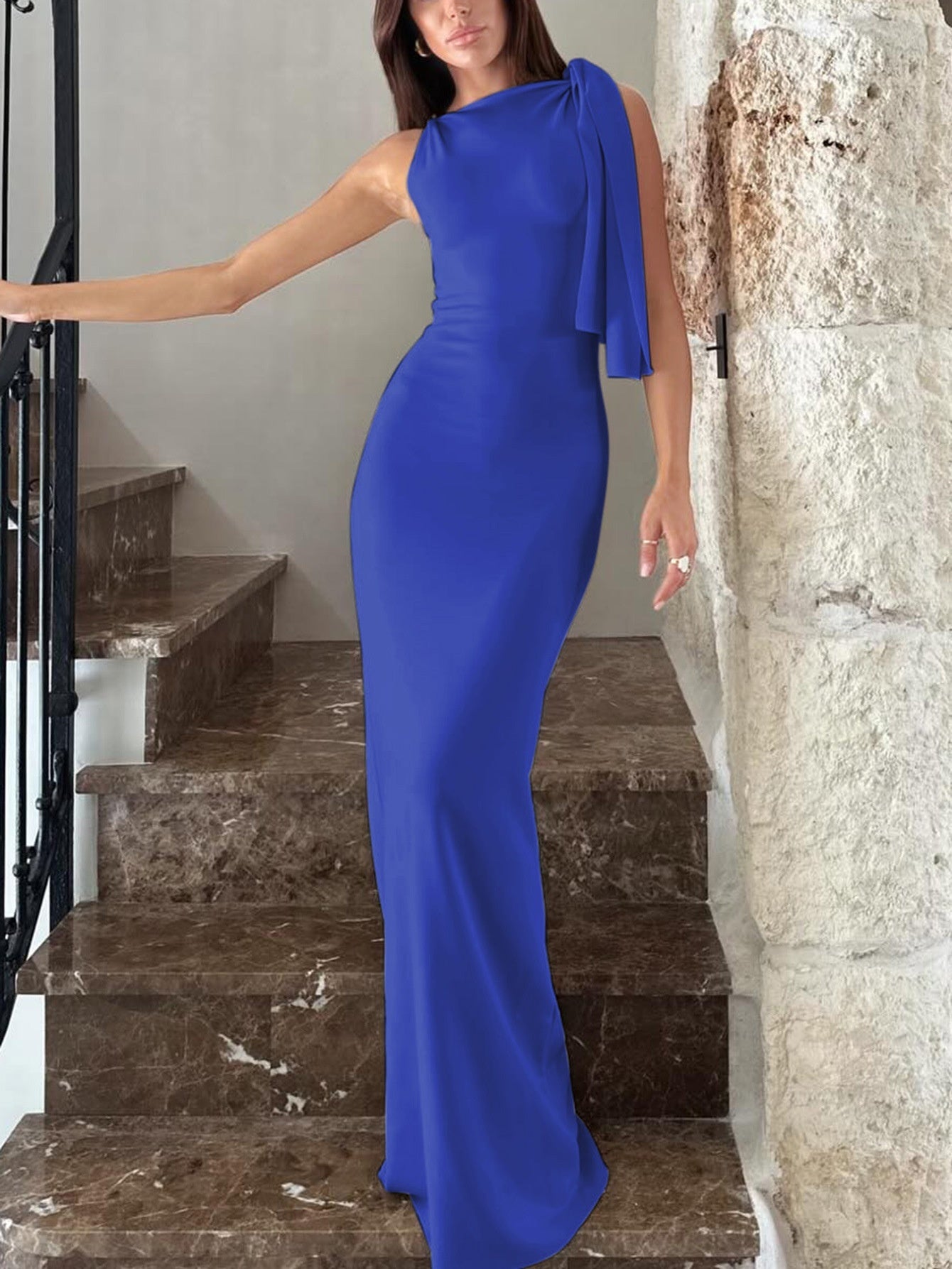 Women's One-Shoulder Ribbon Long Dress – Slim Fit Sleeveless Evening Gown