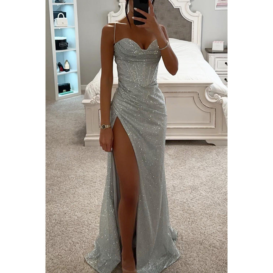 Sexy Split Suspender Dress – V-Neck Slim Long Party Dress for Women
