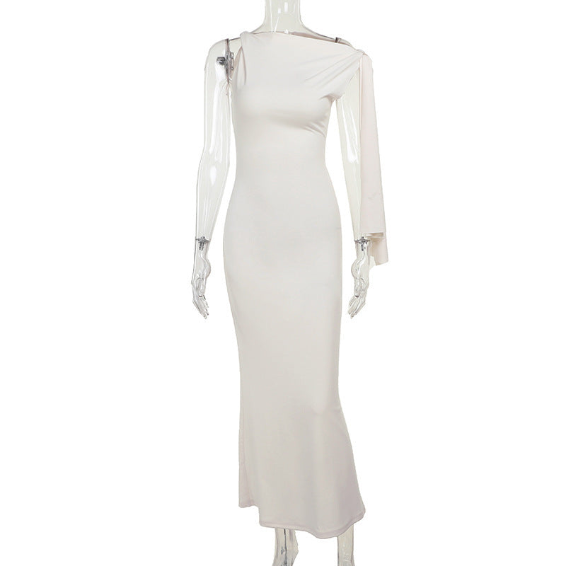 Women's One-Shoulder Ribbon Long Dress – Slim Fit Sleeveless Evening Gown