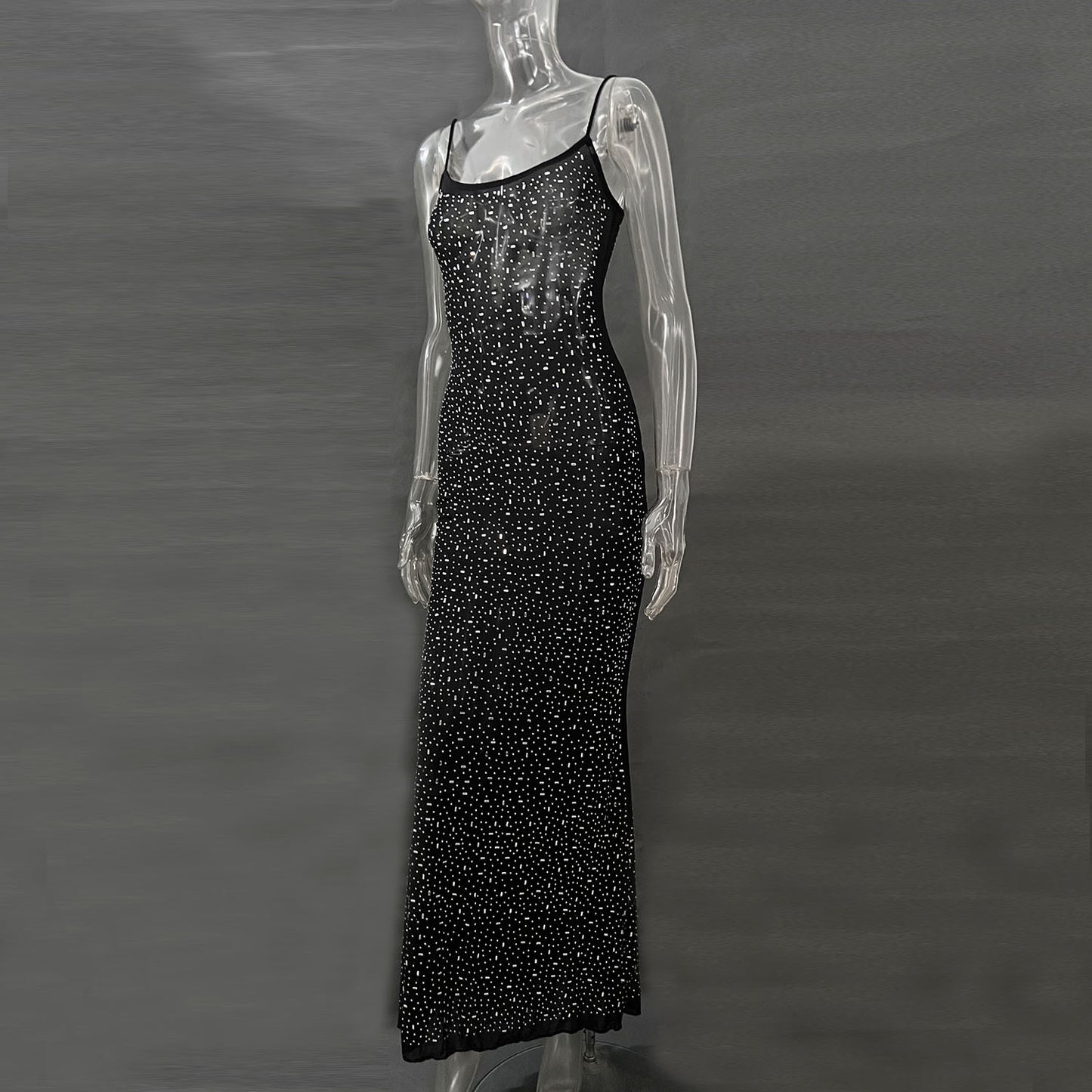 Sheer Mesh Layering Mermaid Dress – Shiny Nude Sequin Suspender Gown | GrabliWorld