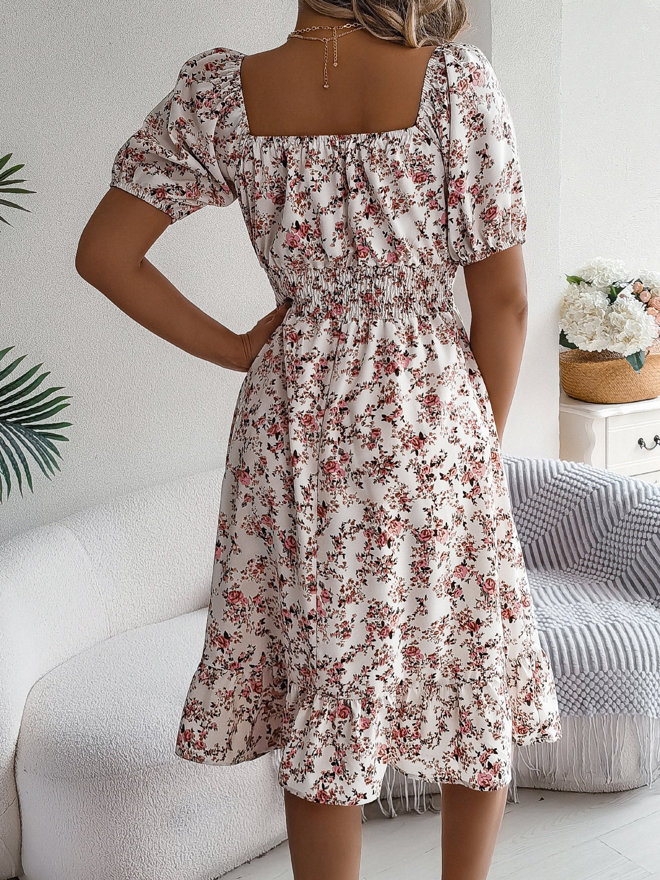 Floral Print Square Collar Dress – Summer Fashion with Ruffles – Women’s High Waist Short Sleeve