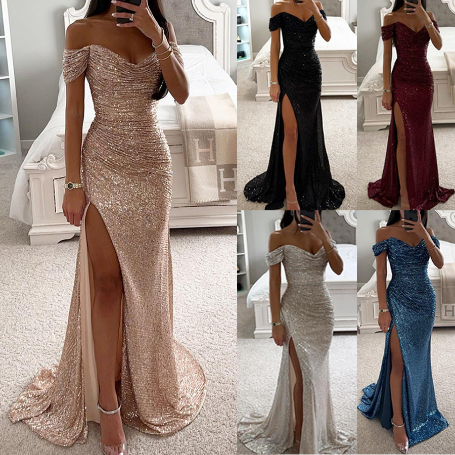 Off-Shoulder Sequin Party Dress – Elegant Split Swing Skirt Evening Gown