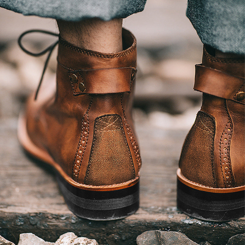 Men’s Retro Lace-Up PU Leather Ankle Boots – Low Heel Motorcycle Style