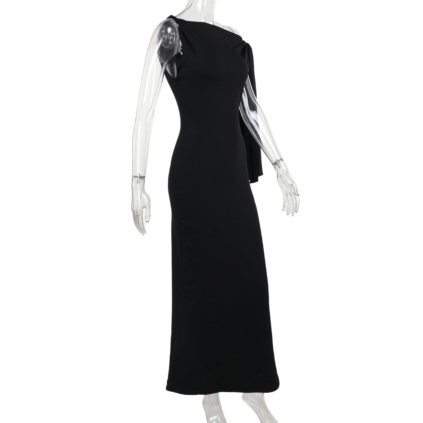 Women's One-Shoulder Ribbon Long Dress – Slim Fit Sleeveless Evening Gown