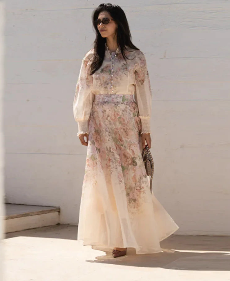 Floral Printed Two-Piece Skirt Set – Loose Full Sleeve Shirt & Pleated Maxi Skirt