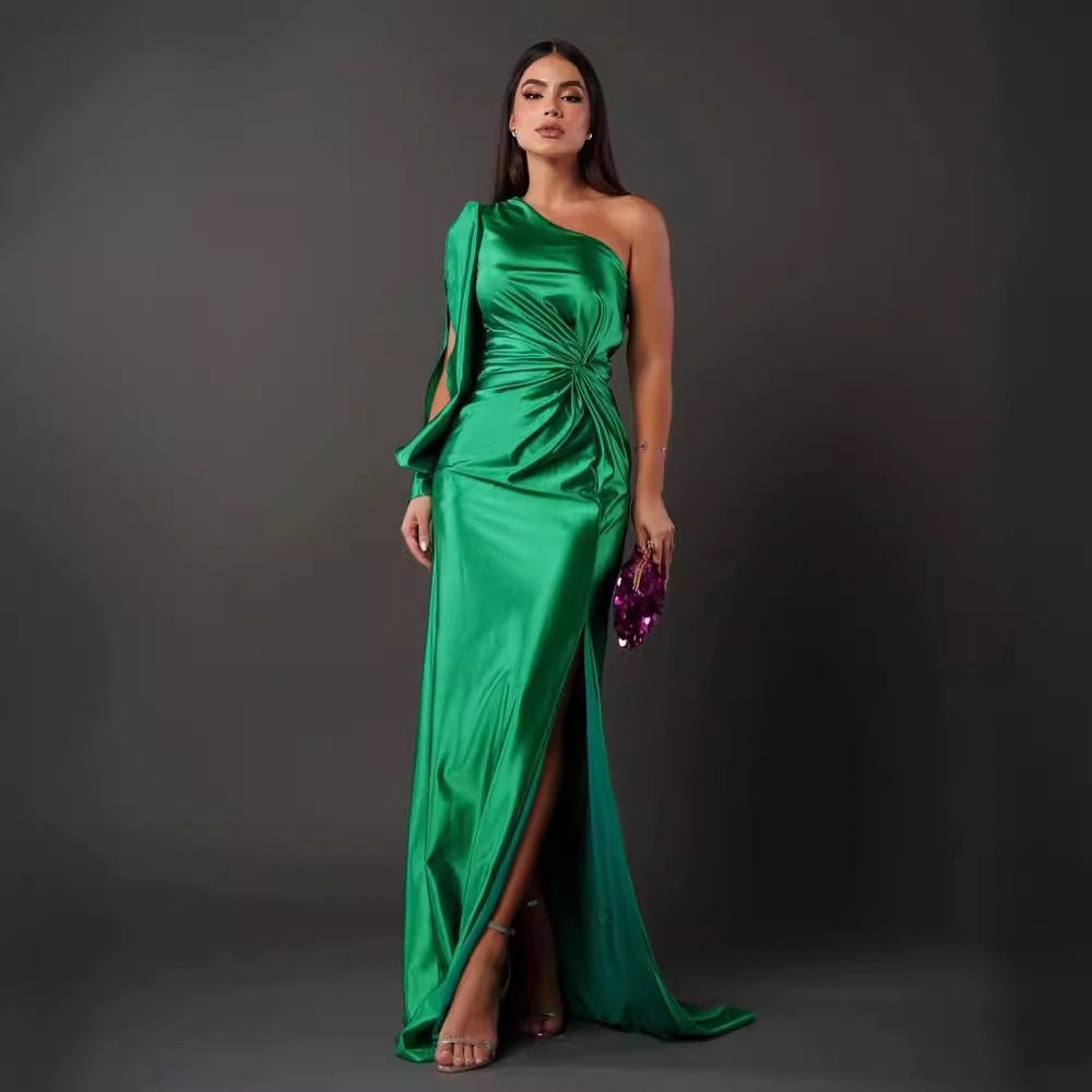 Women's One-Shoulder Long Sleeve Split Dress – Elegant Slim Fit Evening Gown