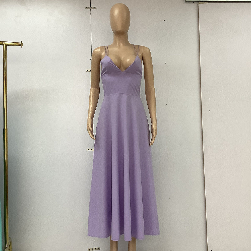 Sexy V-neck Suspender A-Line Long Dress – Summer Elegant Pullover Dress for Women