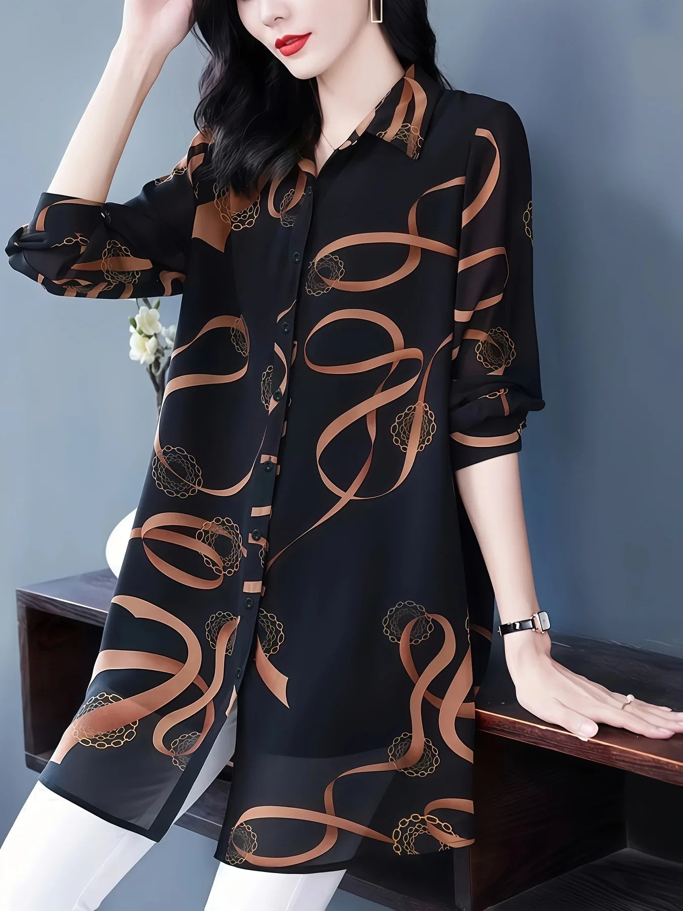 GrabliWorld Women’s Elegant Geometric Print Long Sleeve Shirt