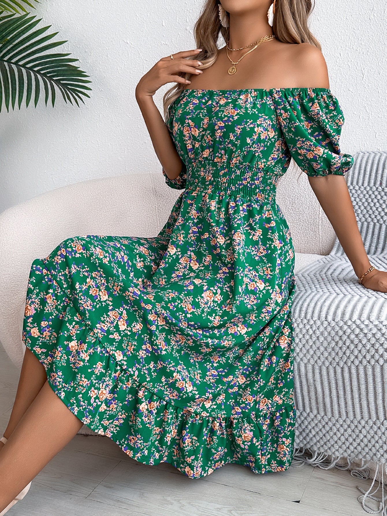 Floral Print Square Collar Dress – Summer Fashion with Ruffles – Women’s High Waist Short Sleeve