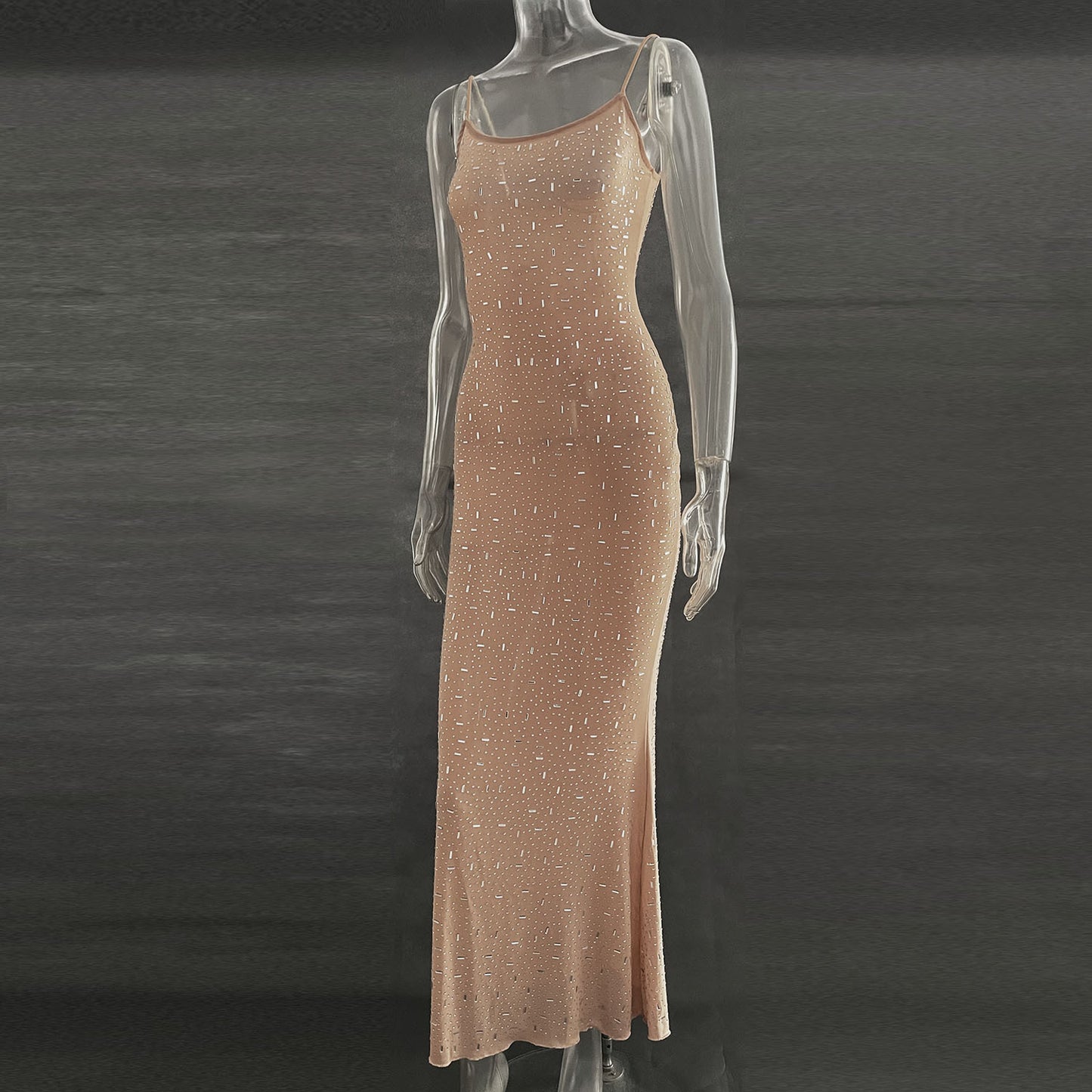 Sheer Mesh Layering Mermaid Dress – Shiny Nude Sequin Suspender Gown | GrabliWorld