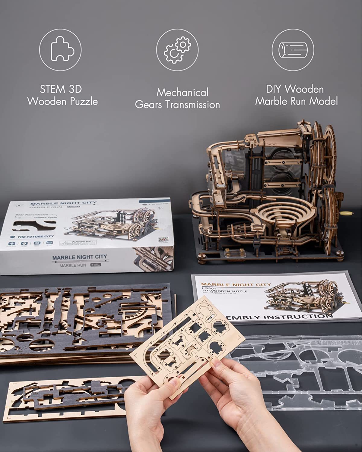 ROKR Marble Night City 3D Wooden Puzzle – Waterwheel Marble Run Kit