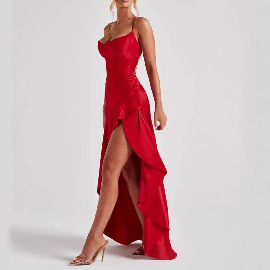 Women's Backless Ruffles Irregular Split Suspender Maxi Dress