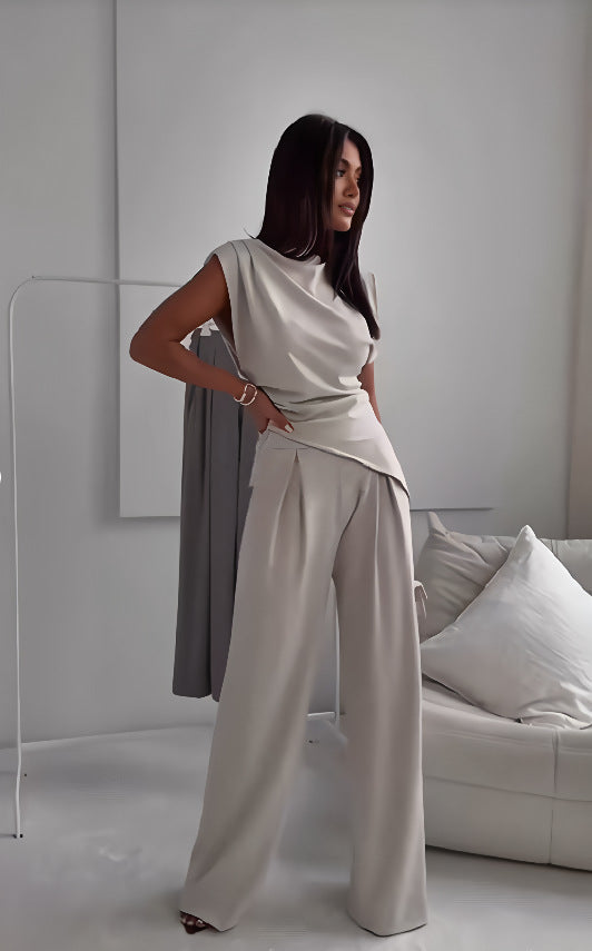 Women's Sleeveless Suit Fashion Slim Irregular Split Top and Straight Pants Set