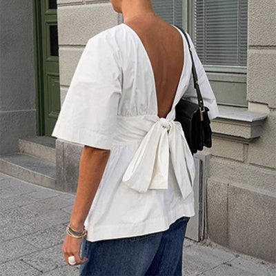 Summer Backless Short Sleeve T-shirt with Back-Tied Design – Fashion Bat Sleeve Top for Women