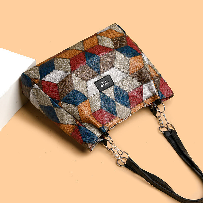 Retro Geometric Pattern-Matching Shoulder Bag— Large Capacity Stitching Handbag Tote
