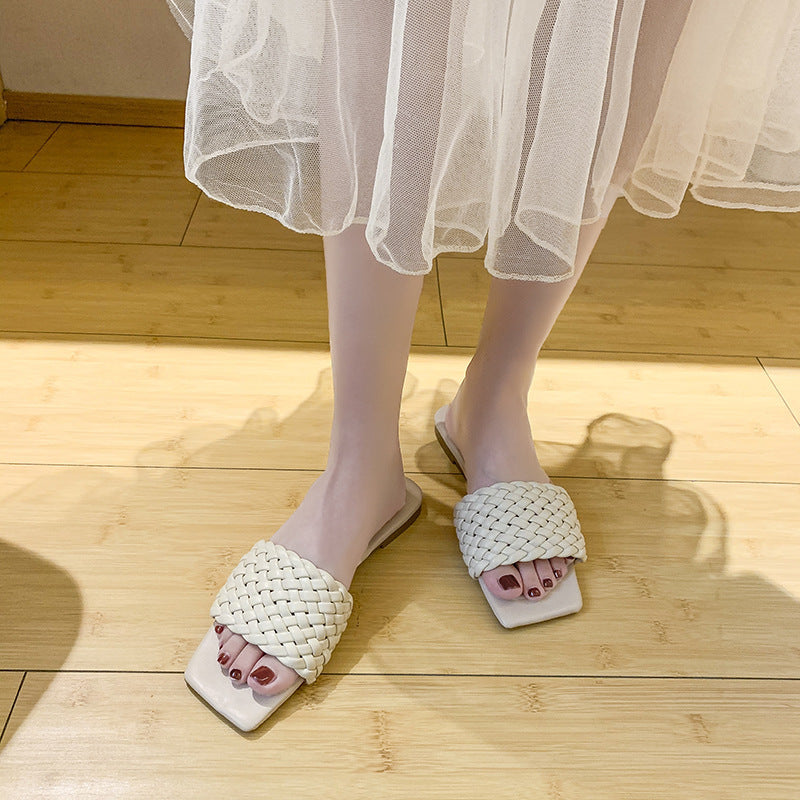Woven European And American Fine Plaid Square Toe Toe Flat Sandals Women