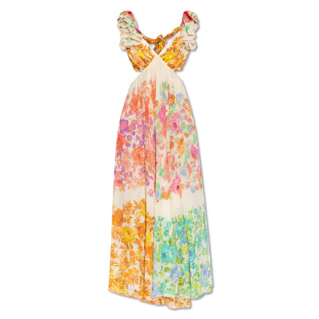 Floral V-Neck Backless Maxi Dress – Romantic Summer Beach Holiday Dress