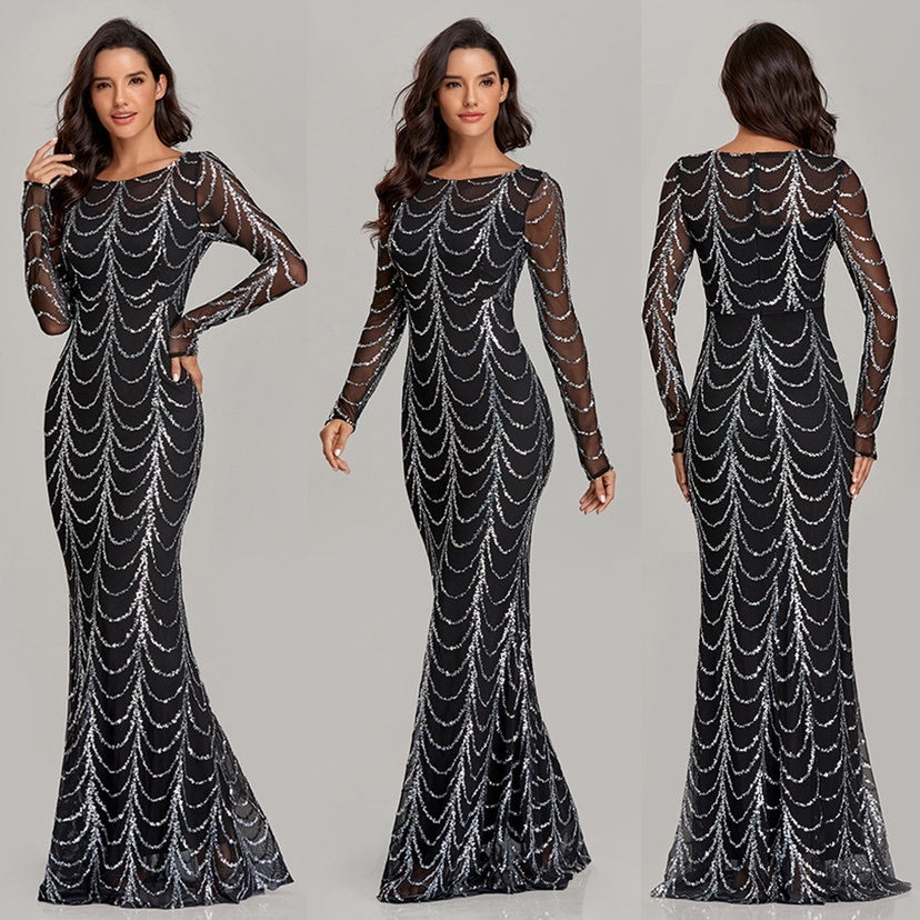 Elegant Sequin Maxi Dress – Long Sleeve Sheer Evening Gown for Women