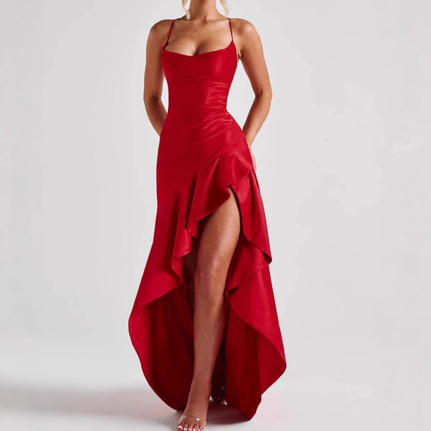 Women's Backless Ruffles Irregular Split Suspender Maxi Dress