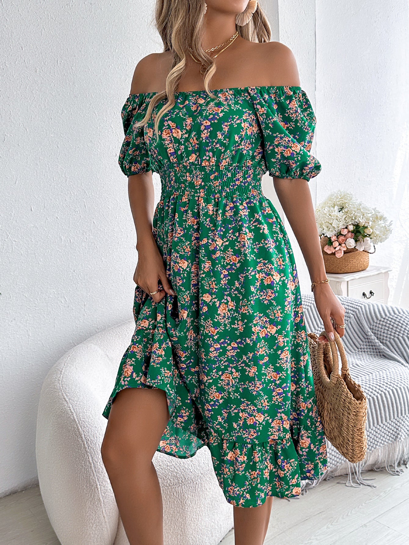 Floral Print Square Collar Dress – Summer Fashion with Ruffles – Women’s High Waist Short Sleeve