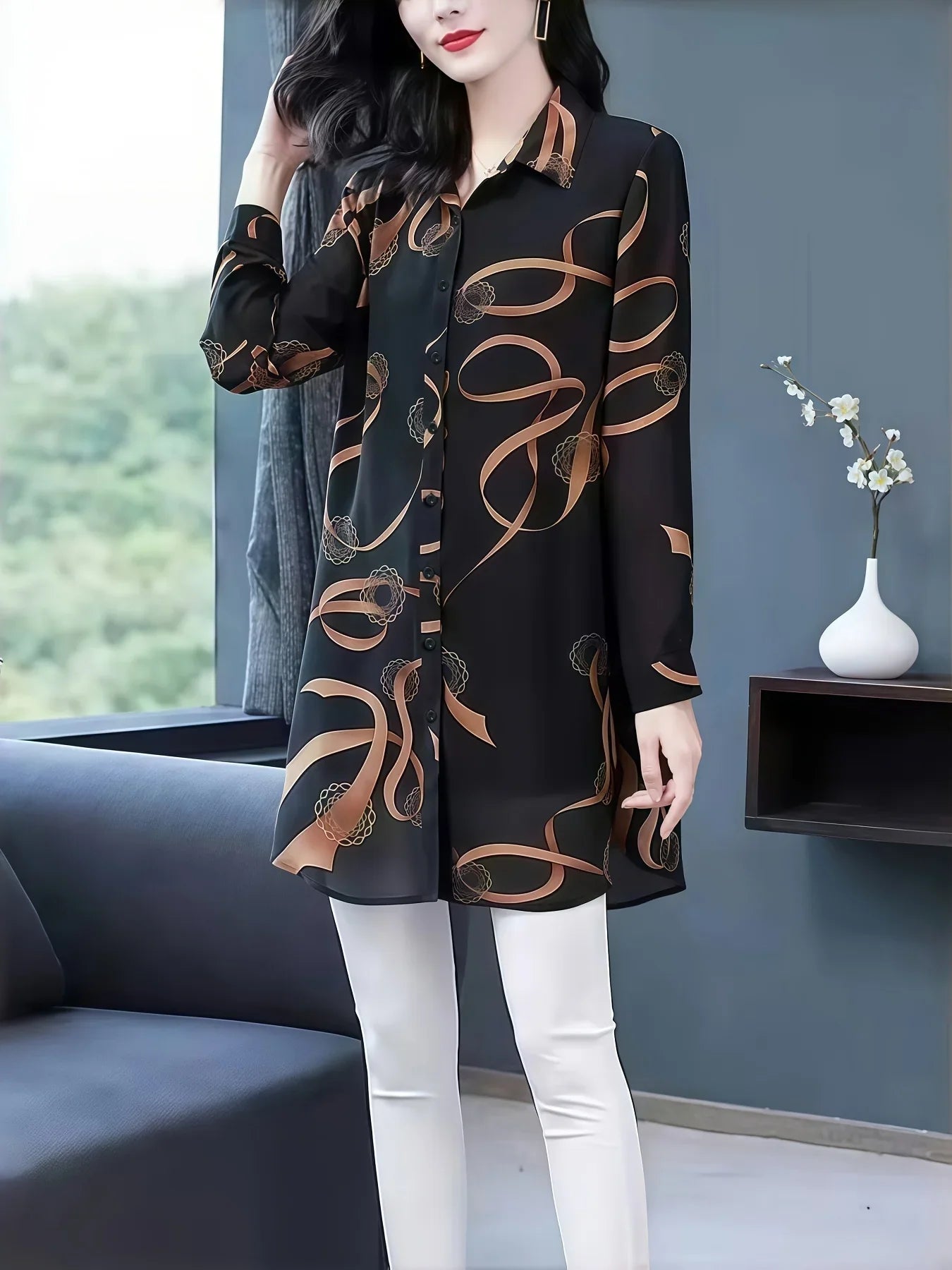 GrabliWorld Women’s Elegant Geometric Print Long Sleeve Shirt