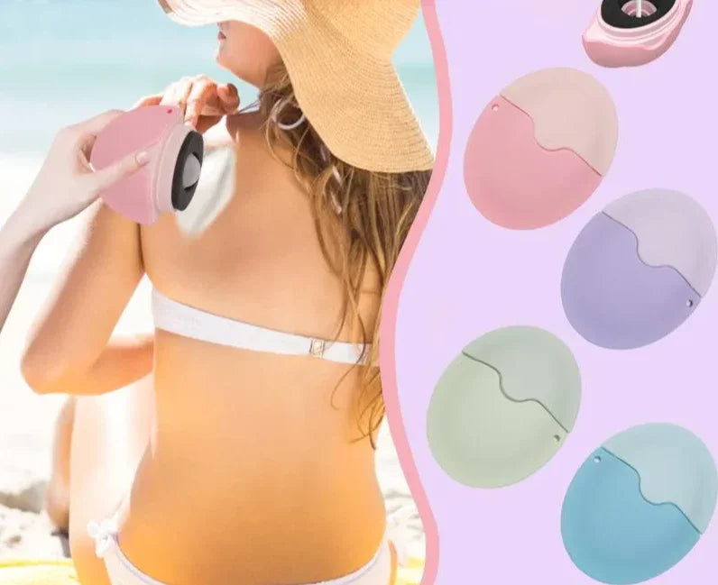 Woman on beach with pink and gray electronic device, surrounded by color swatches.