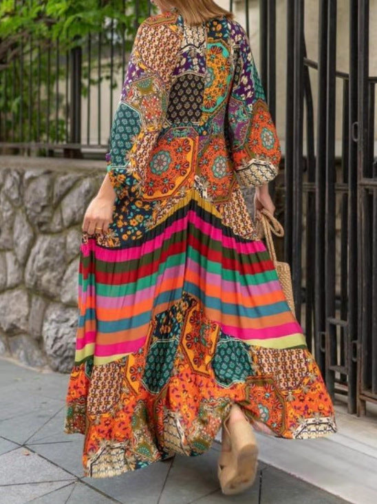 Women's Extra Long Ethnic Style Printed Dress – Flowing Boho Maxi | GrabliWorld
