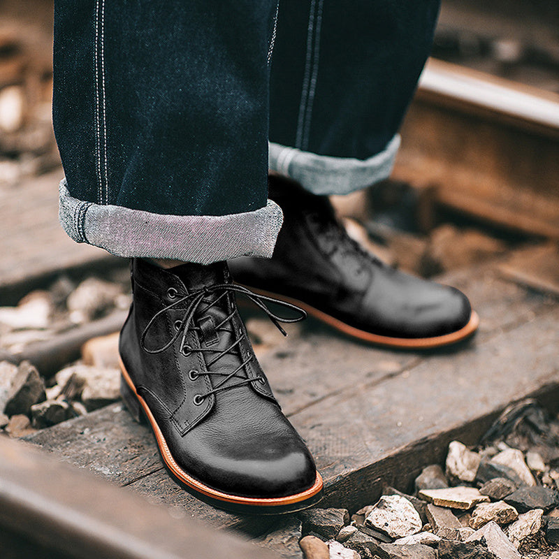Men’s Retro Lace-Up PU Leather Ankle Boots – Low Heel Motorcycle Style