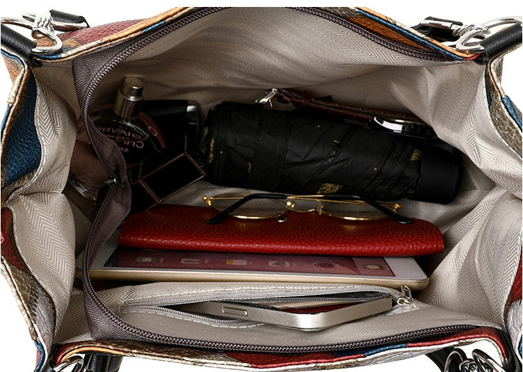 Retro Geometric Pattern-Matching Shoulder Bag— Large Capacity Stitching Handbag Tote