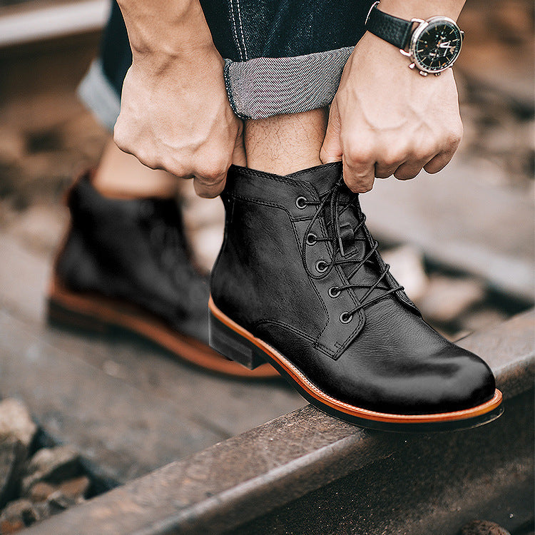 Men’s Retro Lace-Up PU Leather Ankle Boots – Low Heel Motorcycle Style