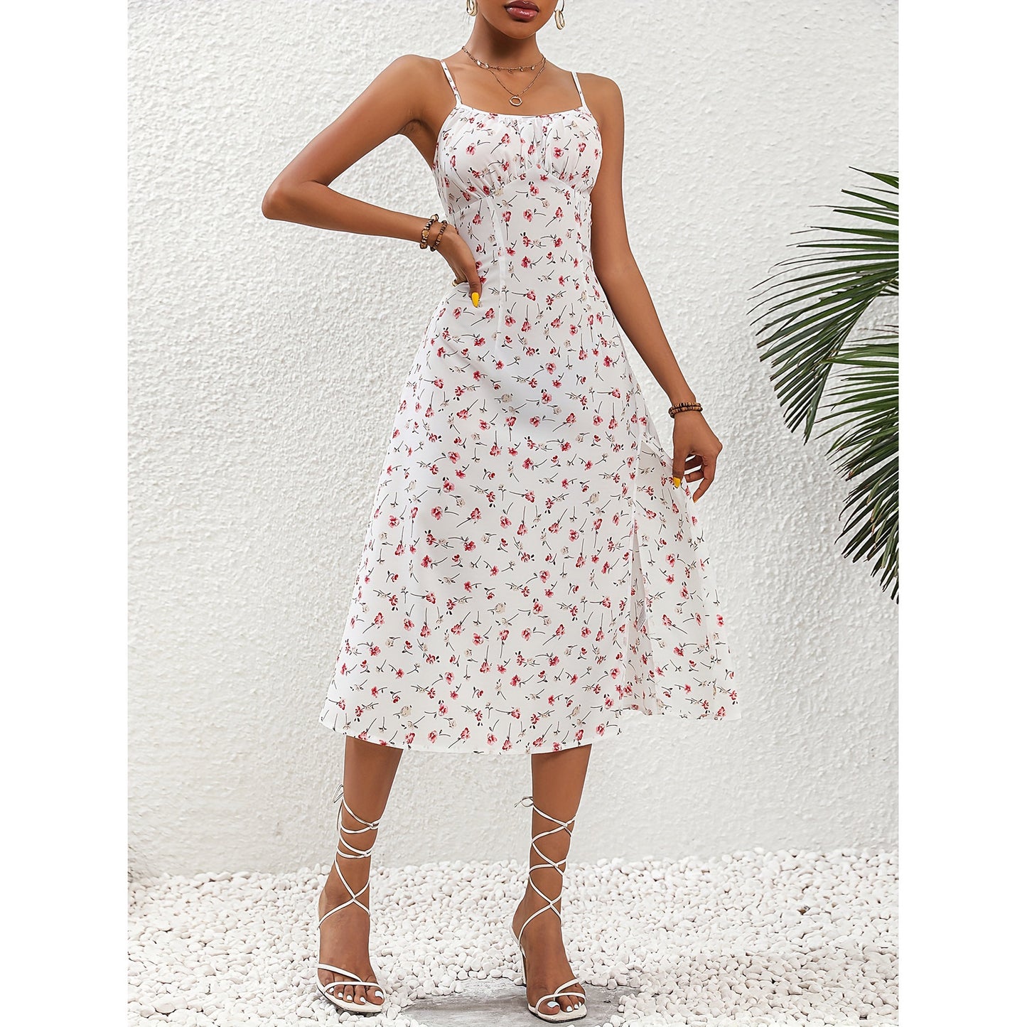 Polka Dot Print Suspender Dress Summer Sexy Split Long Dress