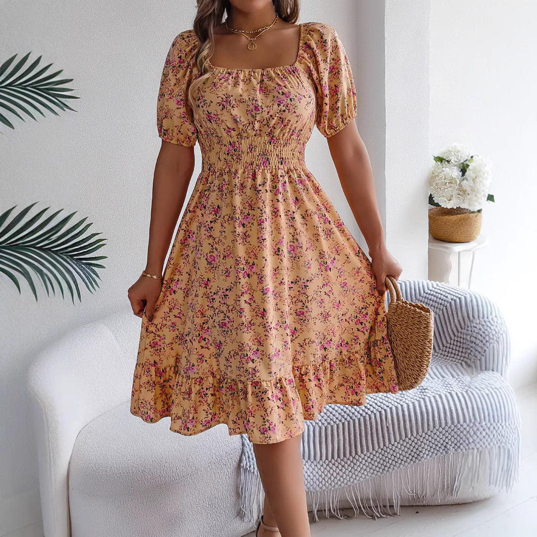 Floral Print Square Collar Dress – Summer Fashion with Ruffles – Women’s High Waist Short Sleeve